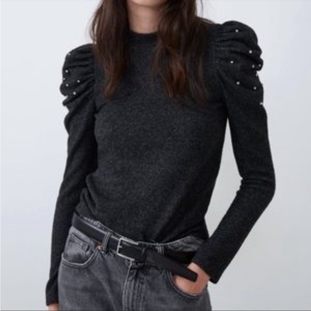 ZARA Puff Sleeve Pull On Top Rhinestone Shoulder Accents Gray Size Small